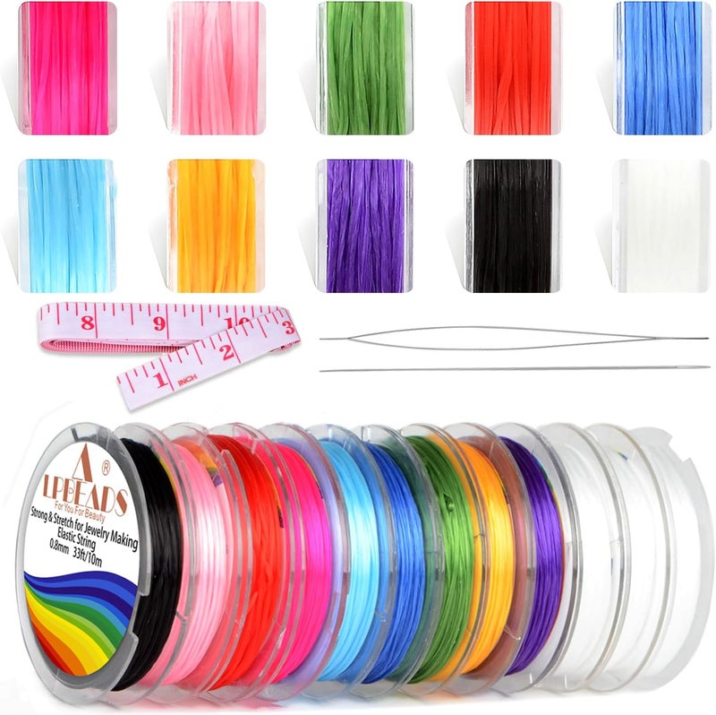 LPBeads 12 Rolls 0.8mm Elastic Stretchy String Cord for Bracelet Jewelry Making with Beading Needles and Ruler - Image 1